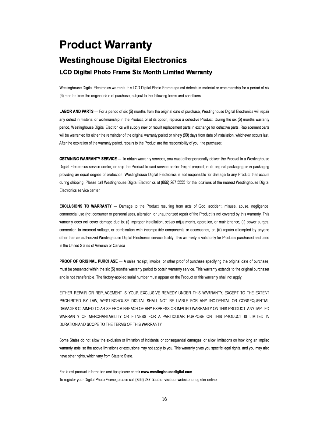 Westinghouse DPF-0701 user manual Product Warranty, Westinghouse Digital Electronics 