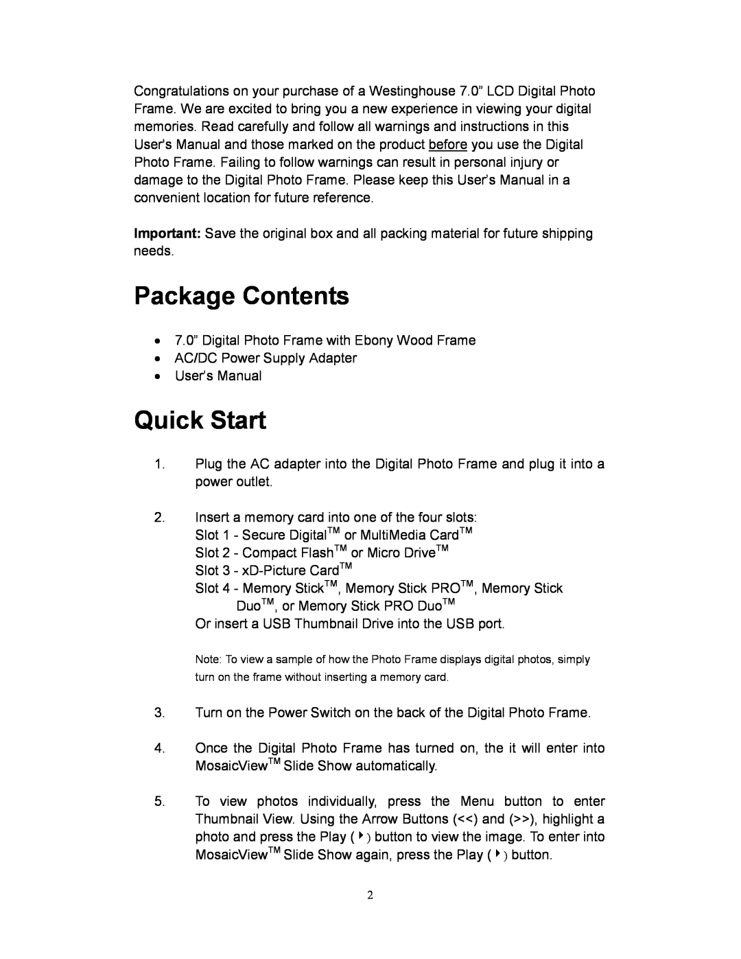 Westinghouse DPF-0701 user manual Package Contents, Quick Start 
