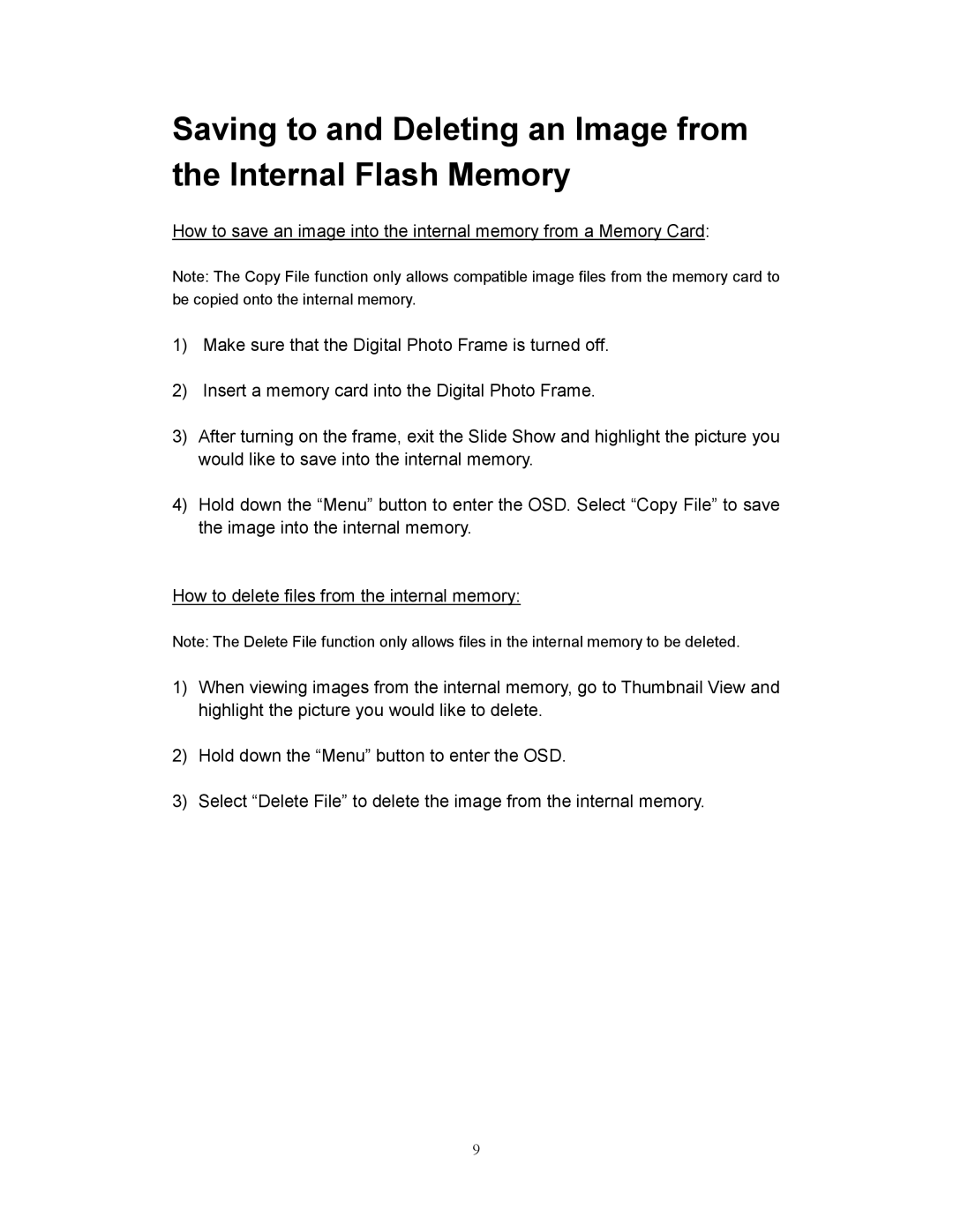 Westinghouse DPF-0702 user manual Be copied onto the internal memory 