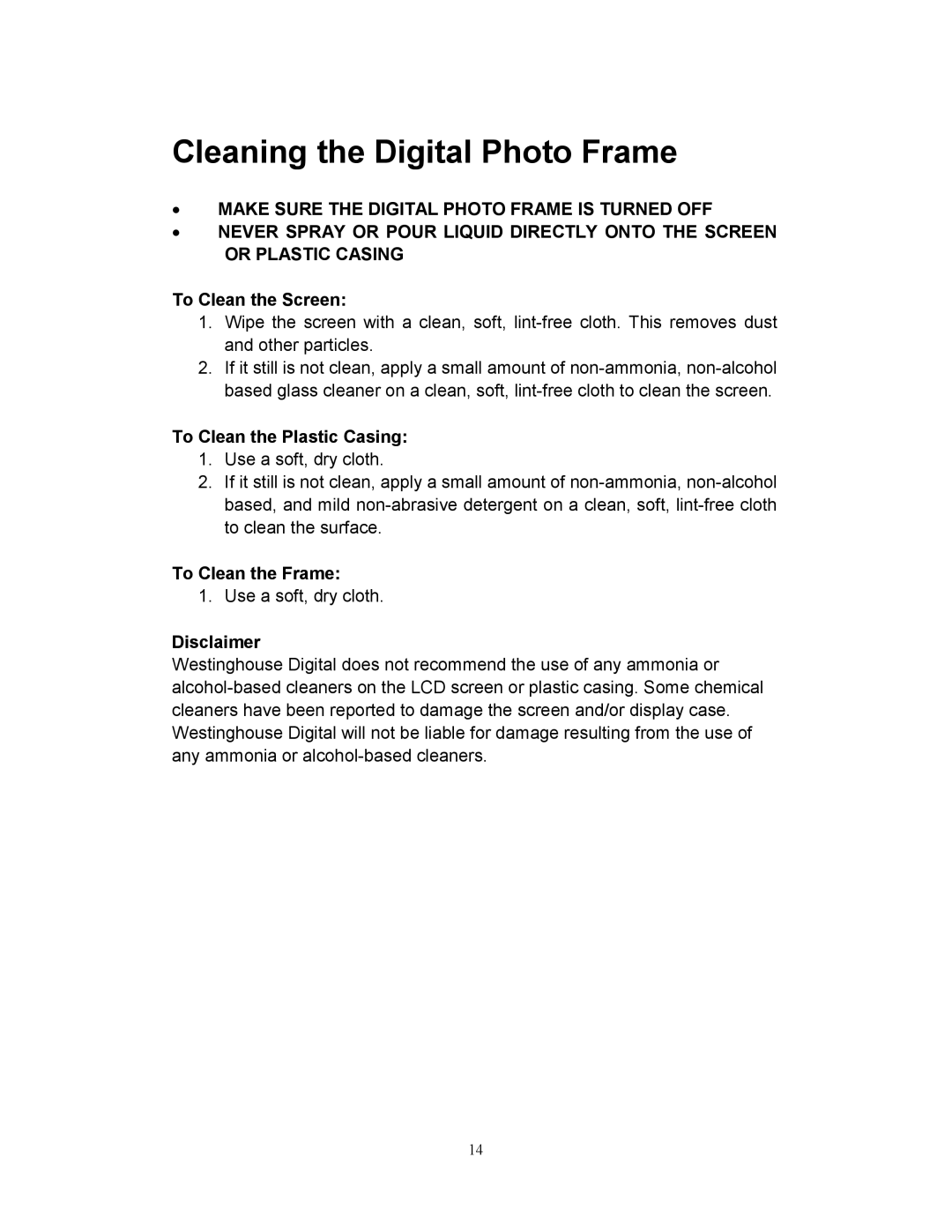 Westinghouse DPF-0702 user manual Cleaning the Digital Photo Frame 