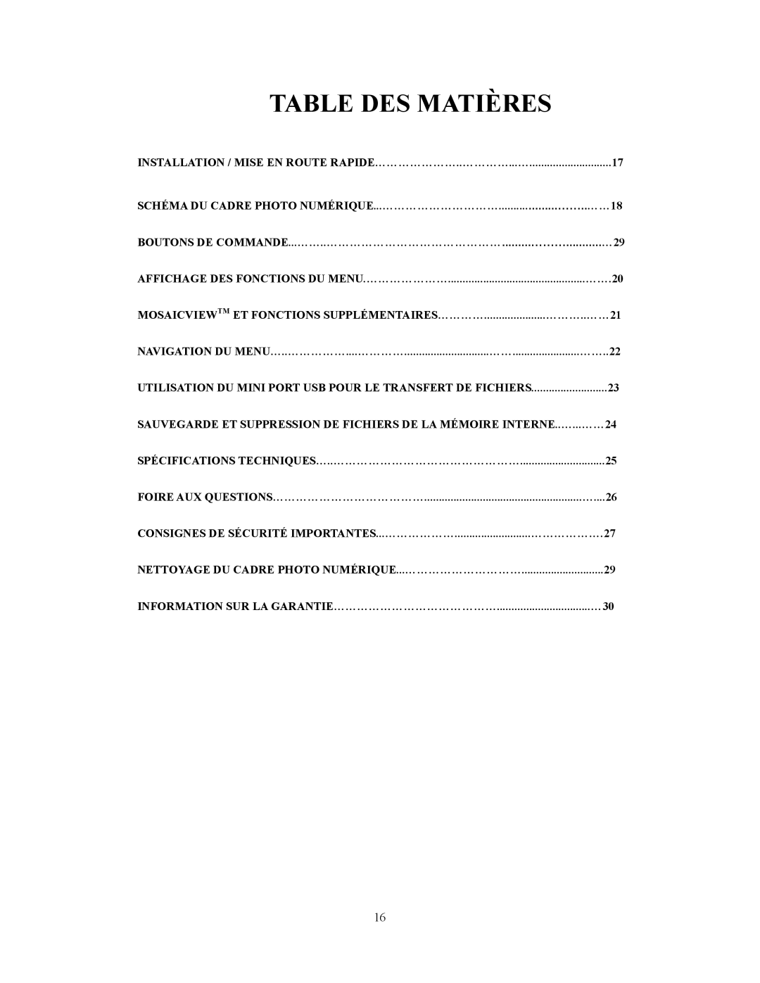 Westinghouse DPF-0702 user manual Table DES Matières 