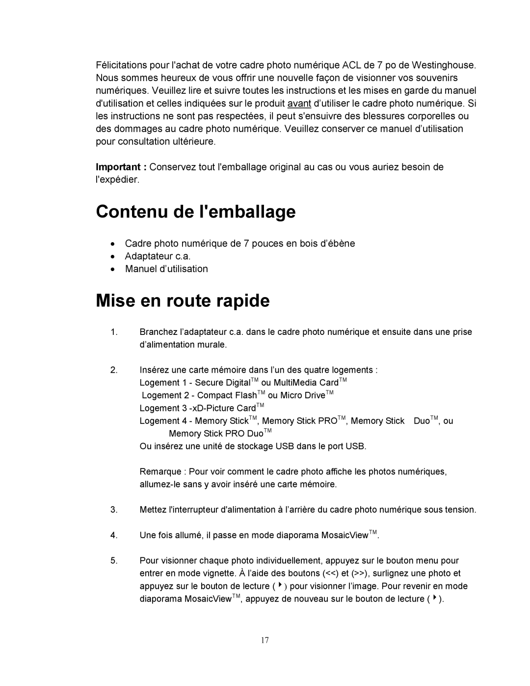 Westinghouse DPF-0702 user manual Contenu de lemballage, Mise en route rapide 