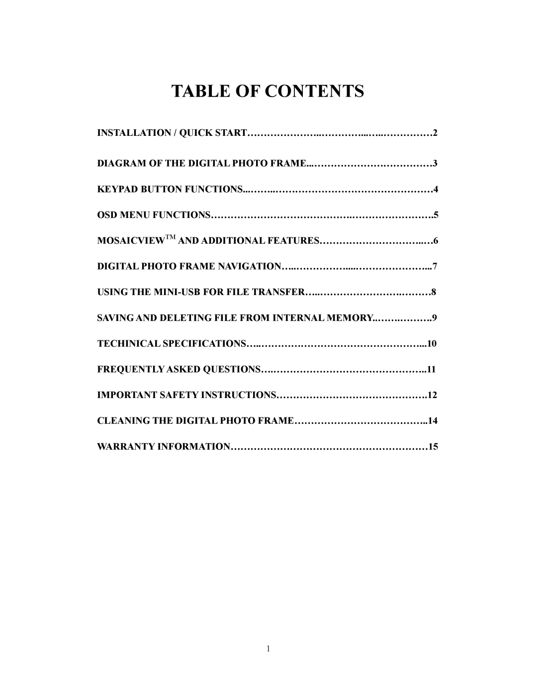 Westinghouse DPF-0702 user manual Table of Contents 