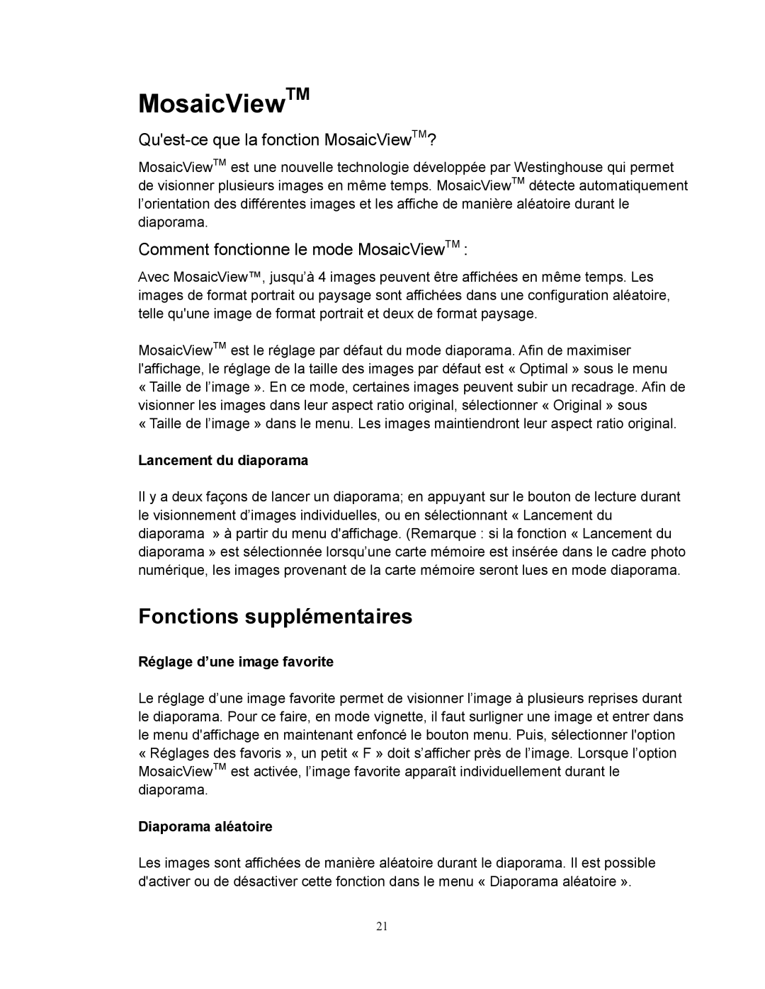 Westinghouse DPF-0702 user manual Fonctions supplémentaires 