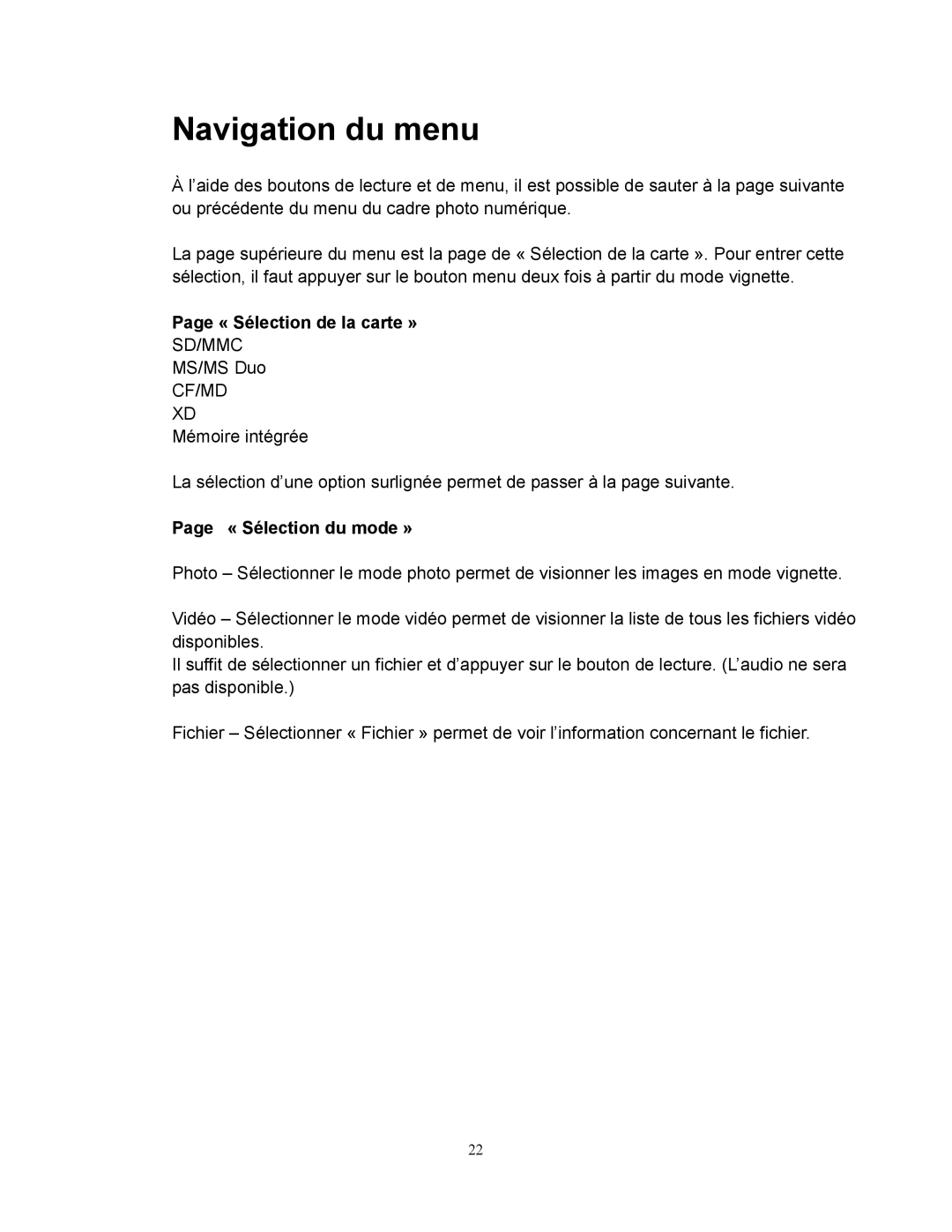 Westinghouse DPF-0702 user manual Navigation du menu, Cf/Md 