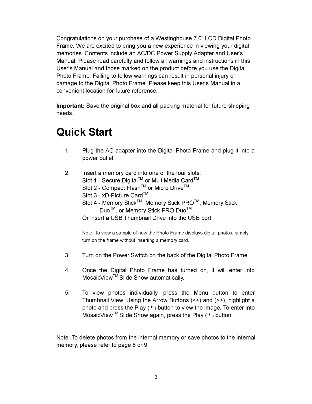 Westinghouse DPF-0702 user manual Quick Start 