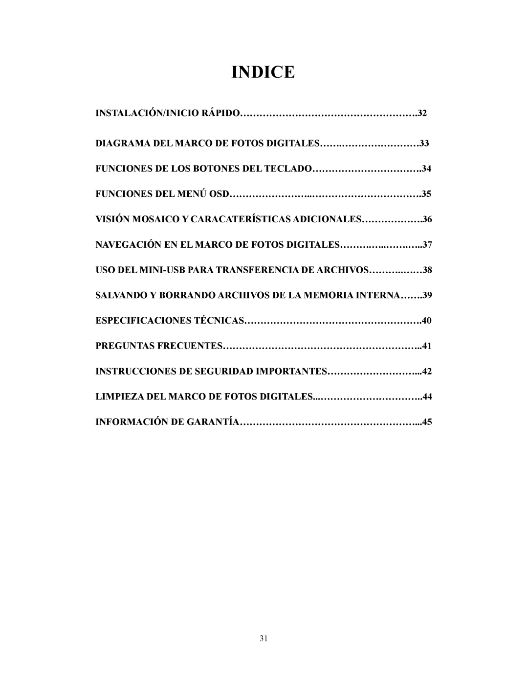 Westinghouse DPF-0702 user manual Indice 