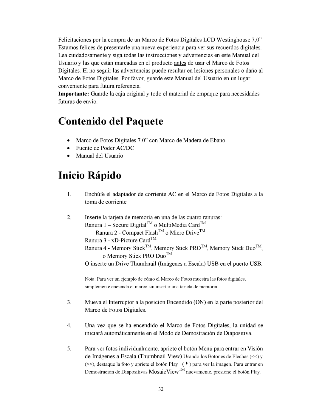 Westinghouse DPF-0702 user manual Contenido del Paquete, Inicio Rápido 