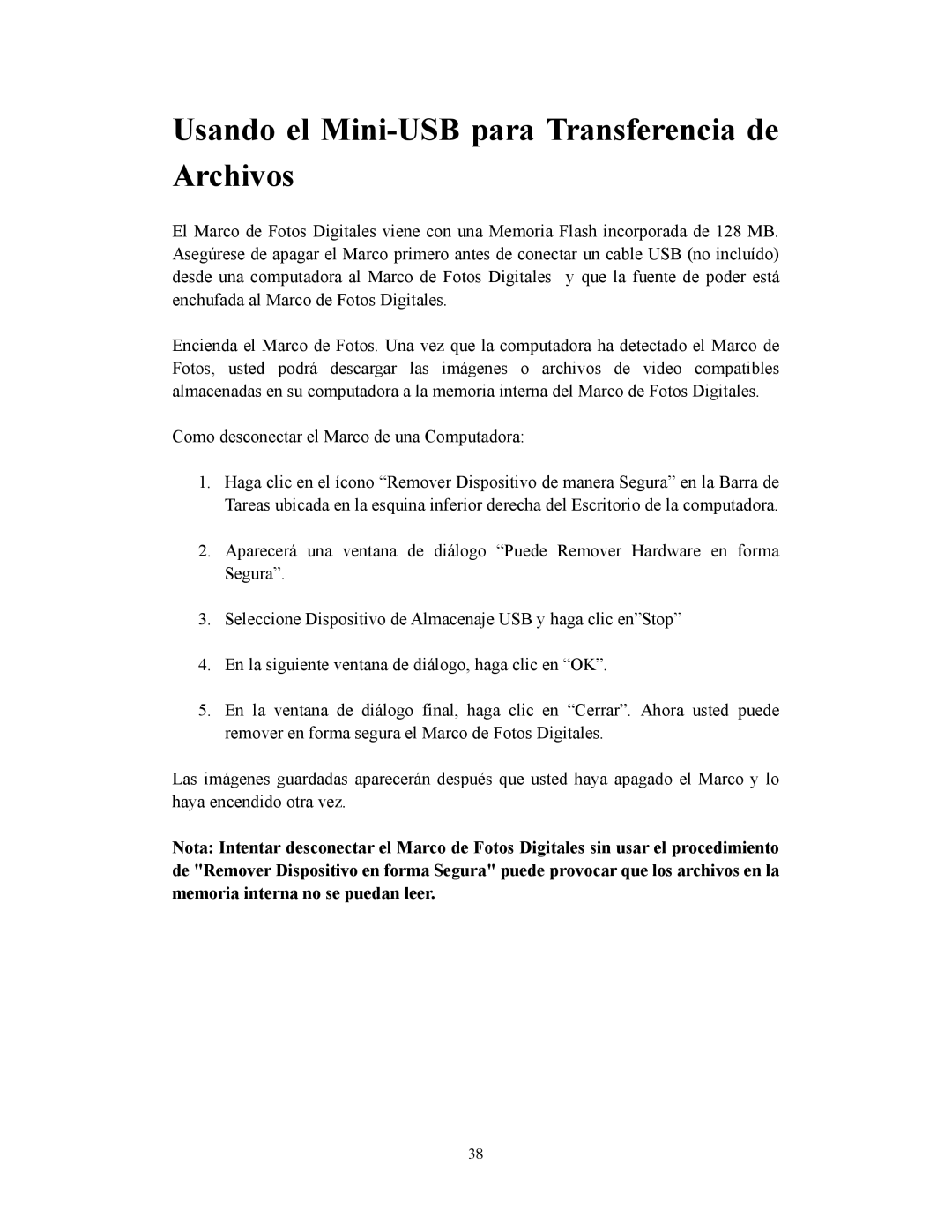 Westinghouse DPF-0702 user manual Usando el Mini-USB para Transferencia de Archivos 