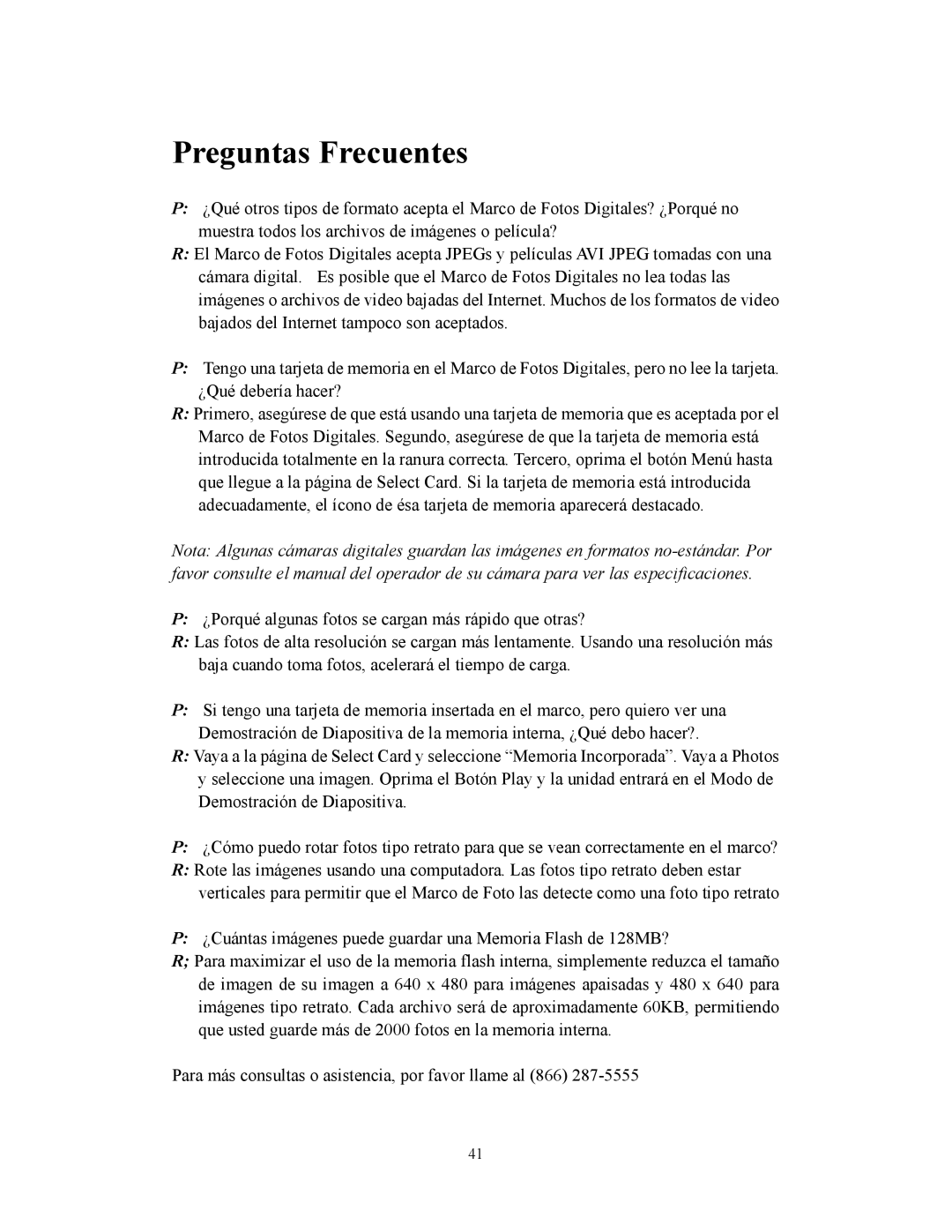 Westinghouse DPF-0702 user manual Preguntas Frecuentes 