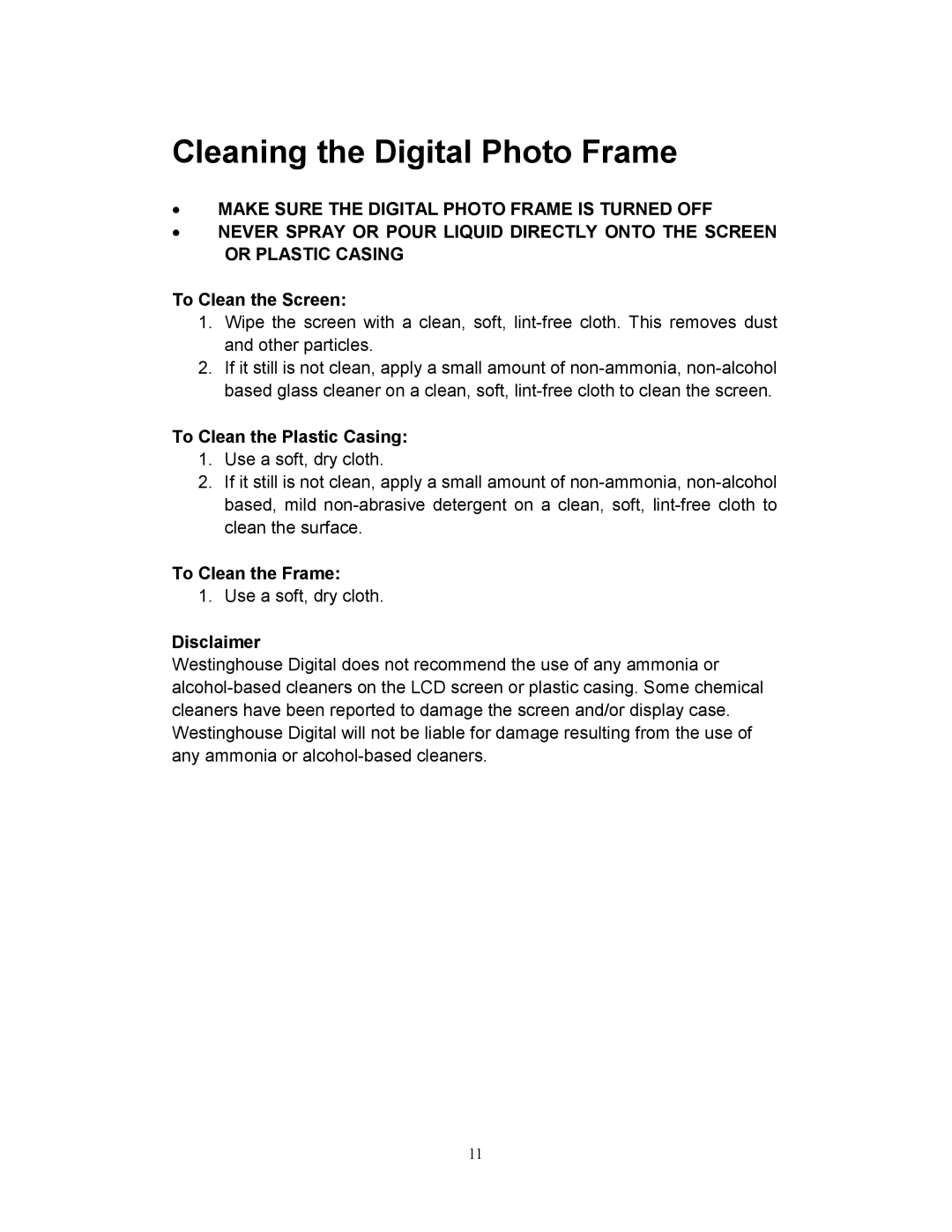 Westinghouse DPF-0801 user manual Cleaning the Digital Photo Frame 