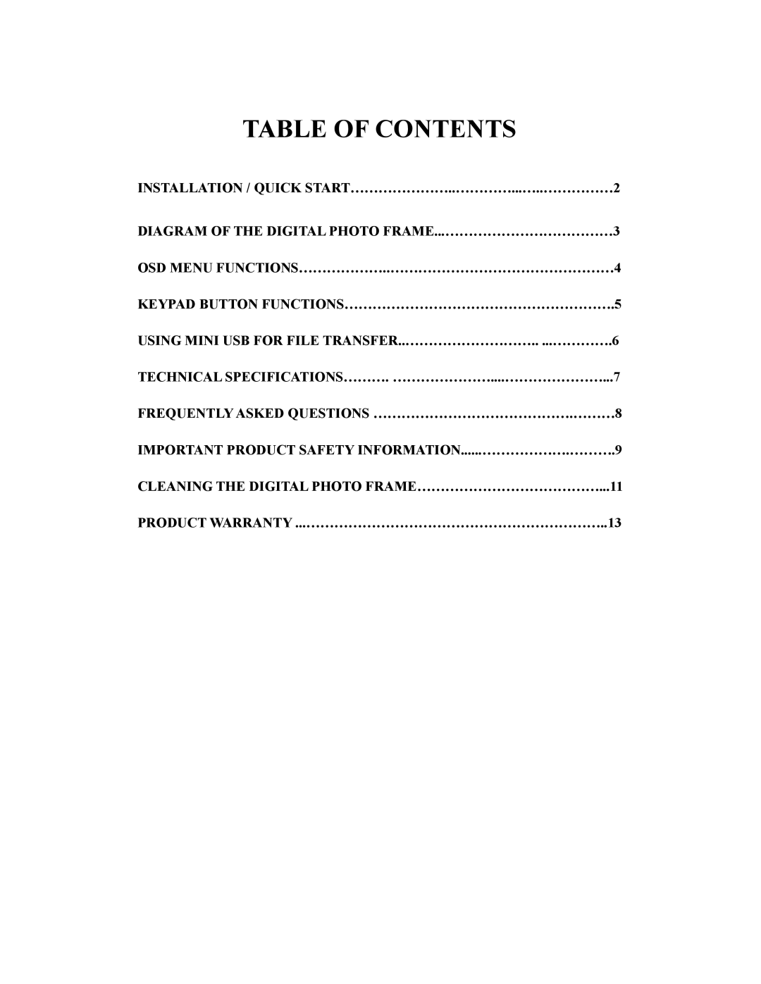 Westinghouse DPF-0801 user manual Table of Contents 