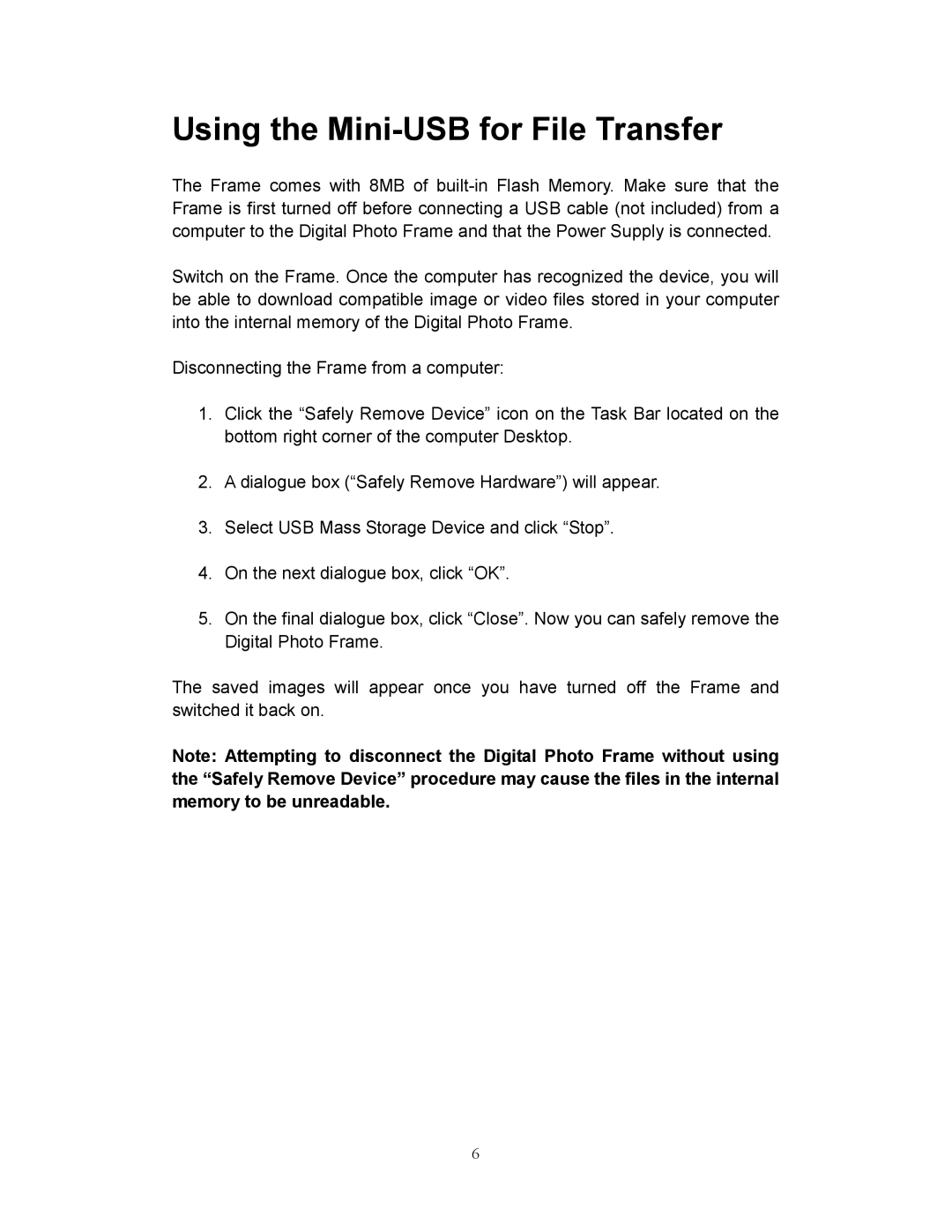 Westinghouse DPF-0801 user manual Using the Mini-USB for File Transfer 