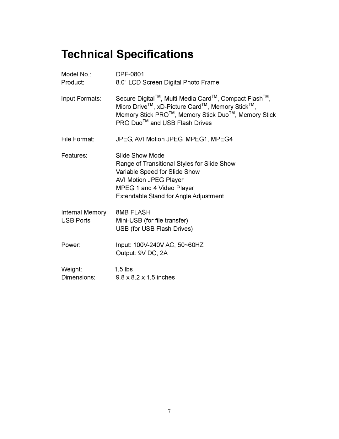 Westinghouse DPF-0801 user manual Technical Specifications, 8MB Flash 