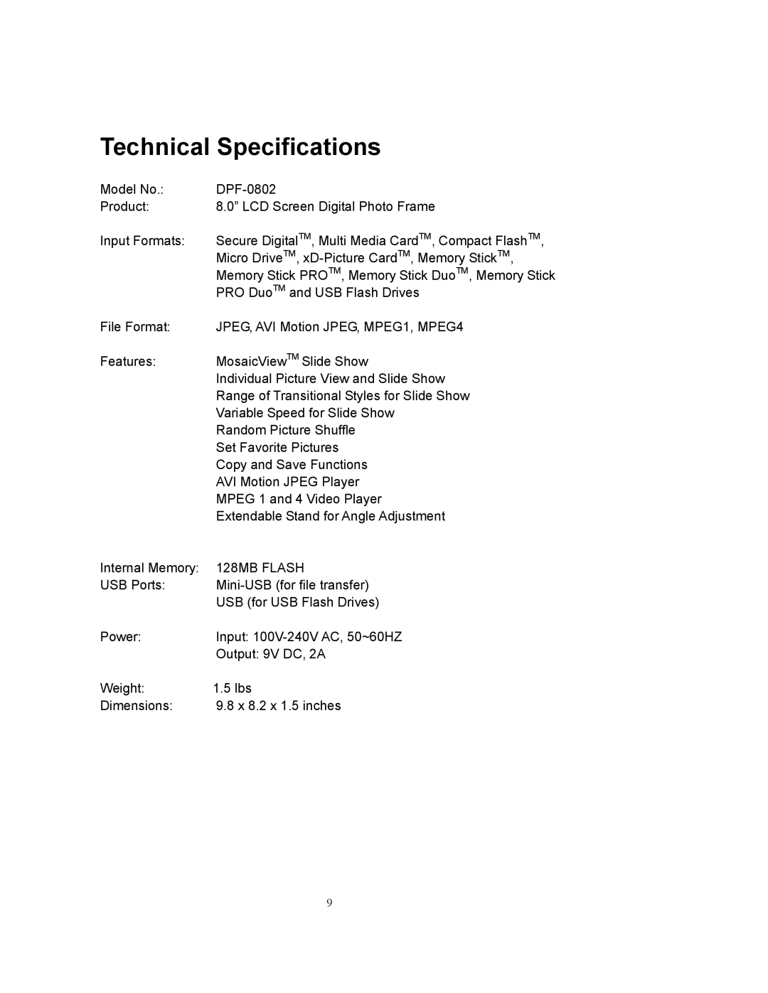 Westinghouse DPF-0802 user manual Technical Specifications, 128MB Flash 