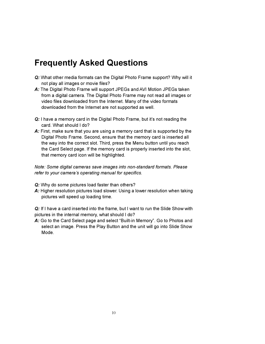 Westinghouse DPF-0802 user manual Frequently Asked Questions 