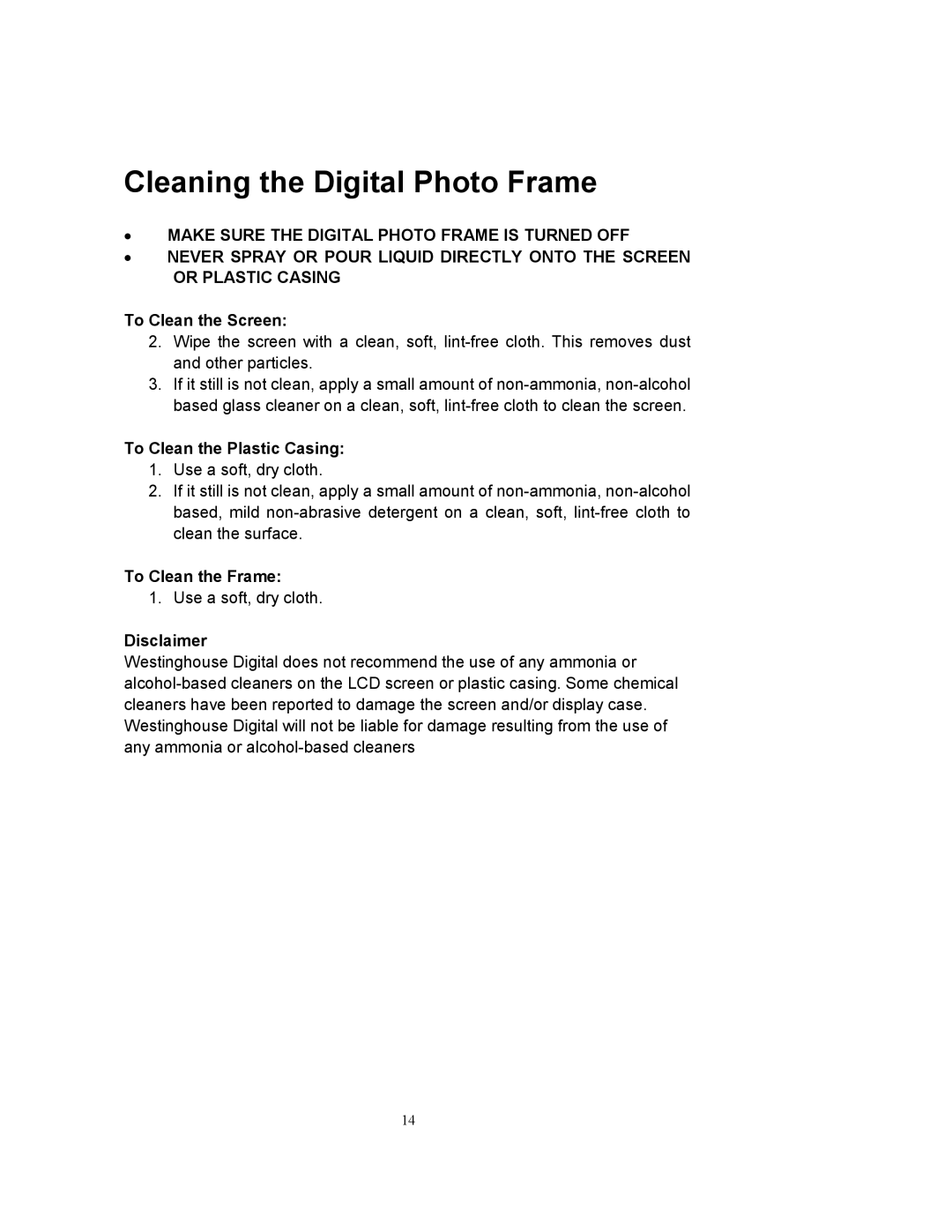 Westinghouse DPF-0802 user manual Cleaning the Digital Photo Frame 