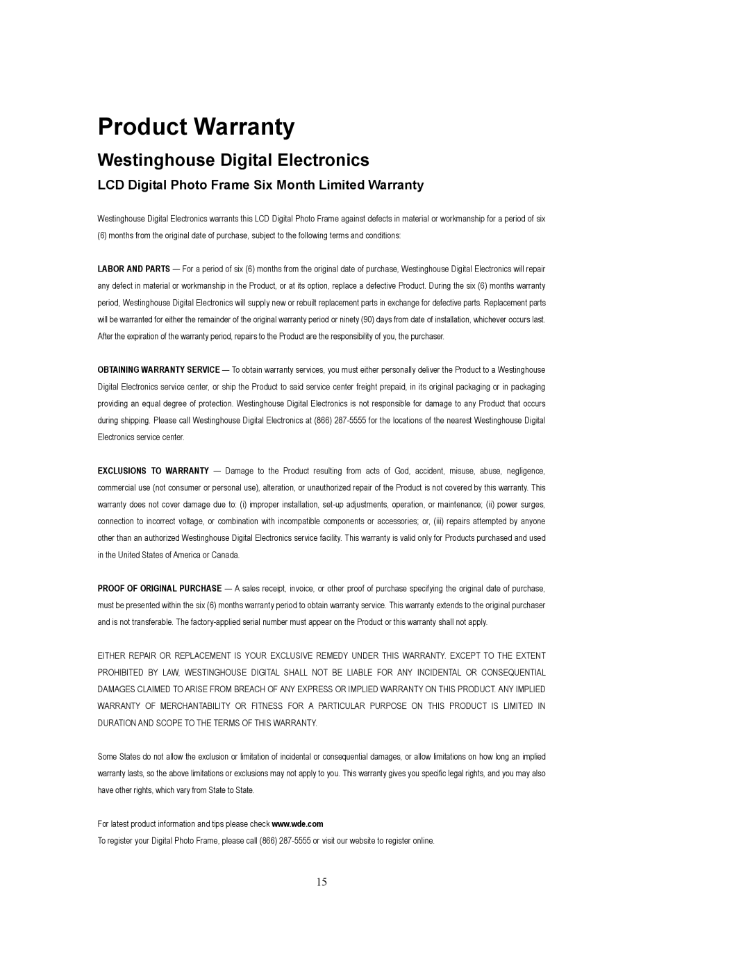 Westinghouse DPF-0802 user manual Product Warranty, Westinghouse Digital Electronics 