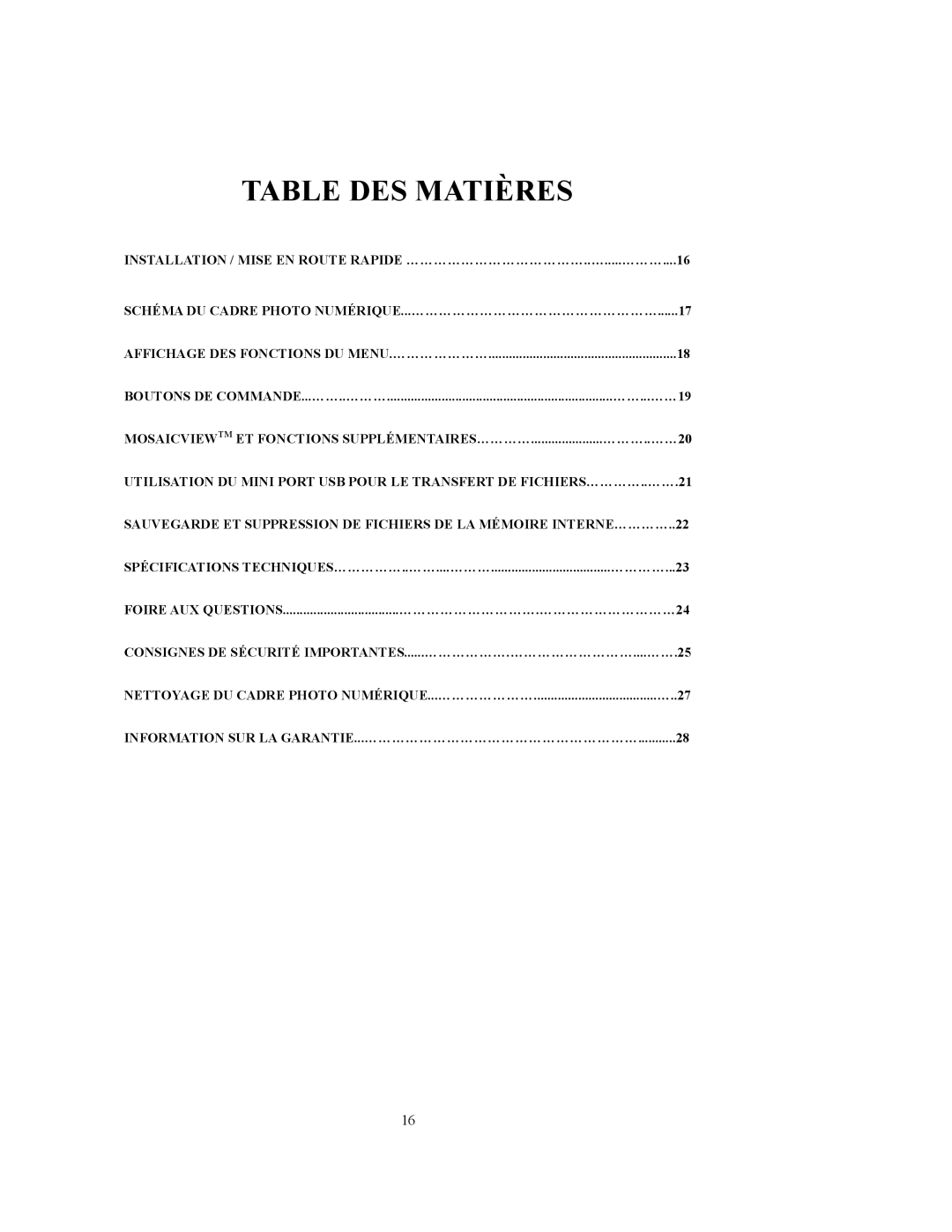 Westinghouse DPF-0802 user manual Table DES Matières 