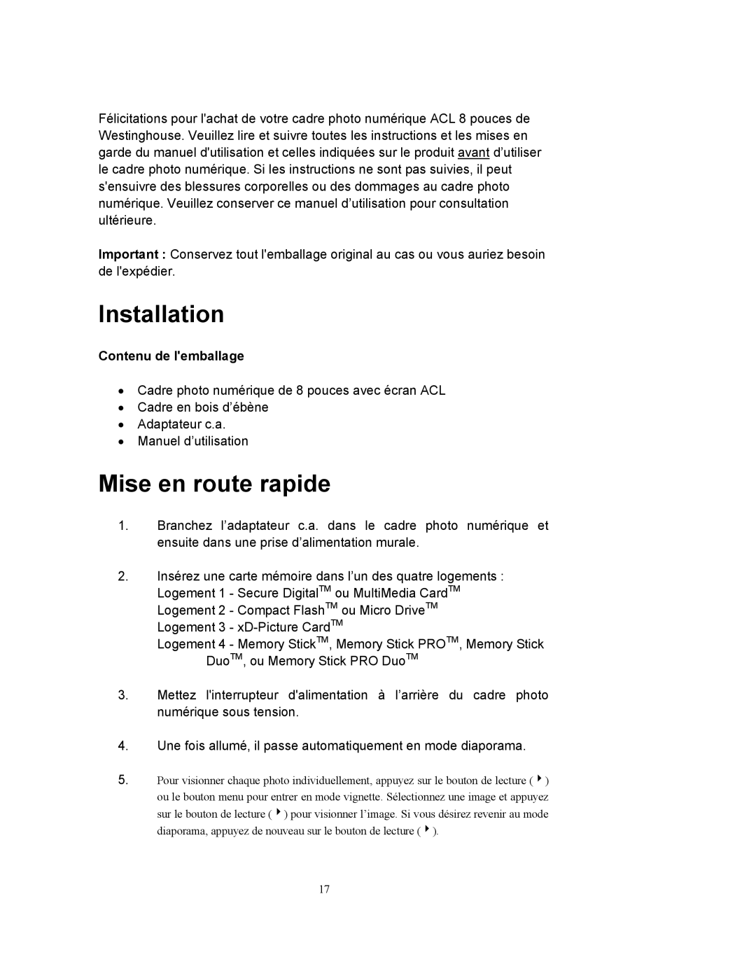 Westinghouse DPF-0802 user manual Installation, Mise en route rapide 