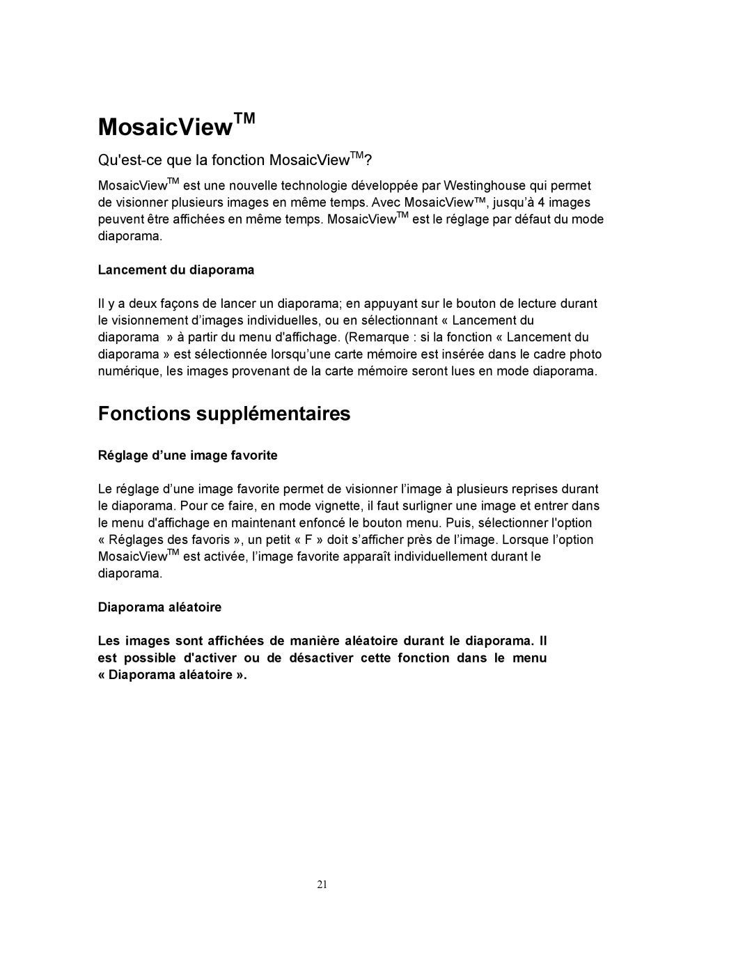 Westinghouse DPF-0802 user manual Fonctions supplémentaires 