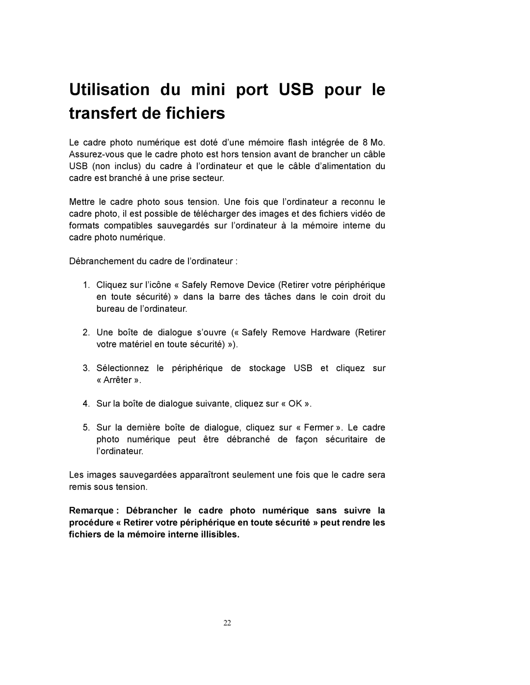 Westinghouse DPF-0802 user manual Utilisation du mini port USB pour le transfert de fichiers 