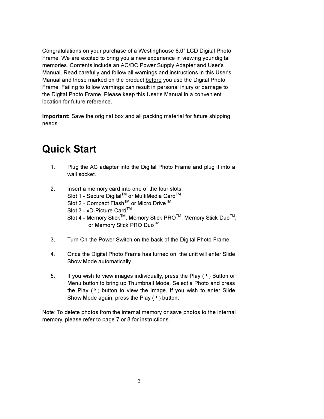 Westinghouse DPF-0802 user manual Quick Start 