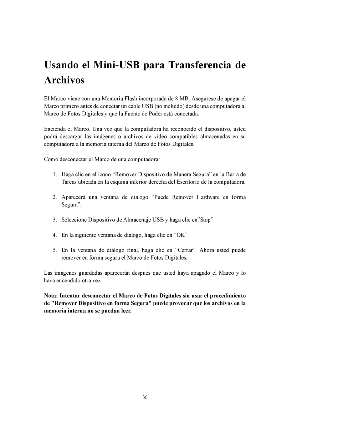 Westinghouse DPF-0802 user manual Usando el Mini-USB para Transferencia de Archivos 