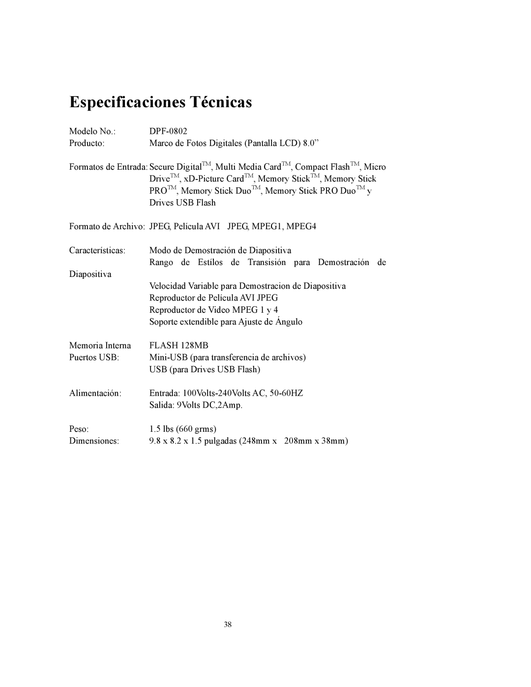 Westinghouse DPF-0802 user manual Especificaciones Técnicas, JPEG, MPEG1, MPEG4 