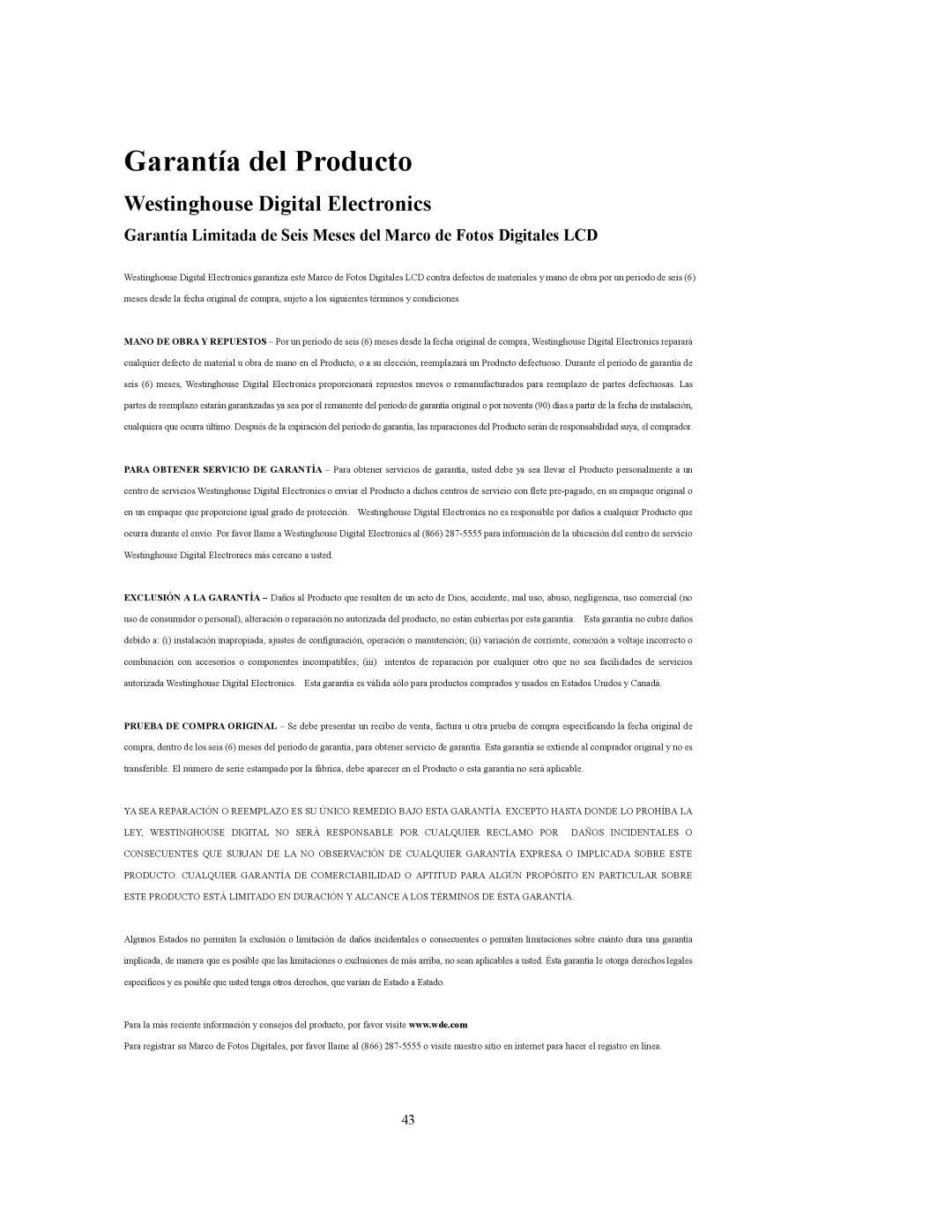 Westinghouse DPF-0802 user manual Garantía del Producto, Westinghouse Digital Electronics 