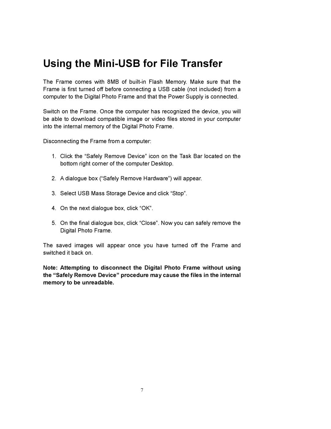 Westinghouse DPF-0802 user manual Using the Mini-USB for File Transfer 