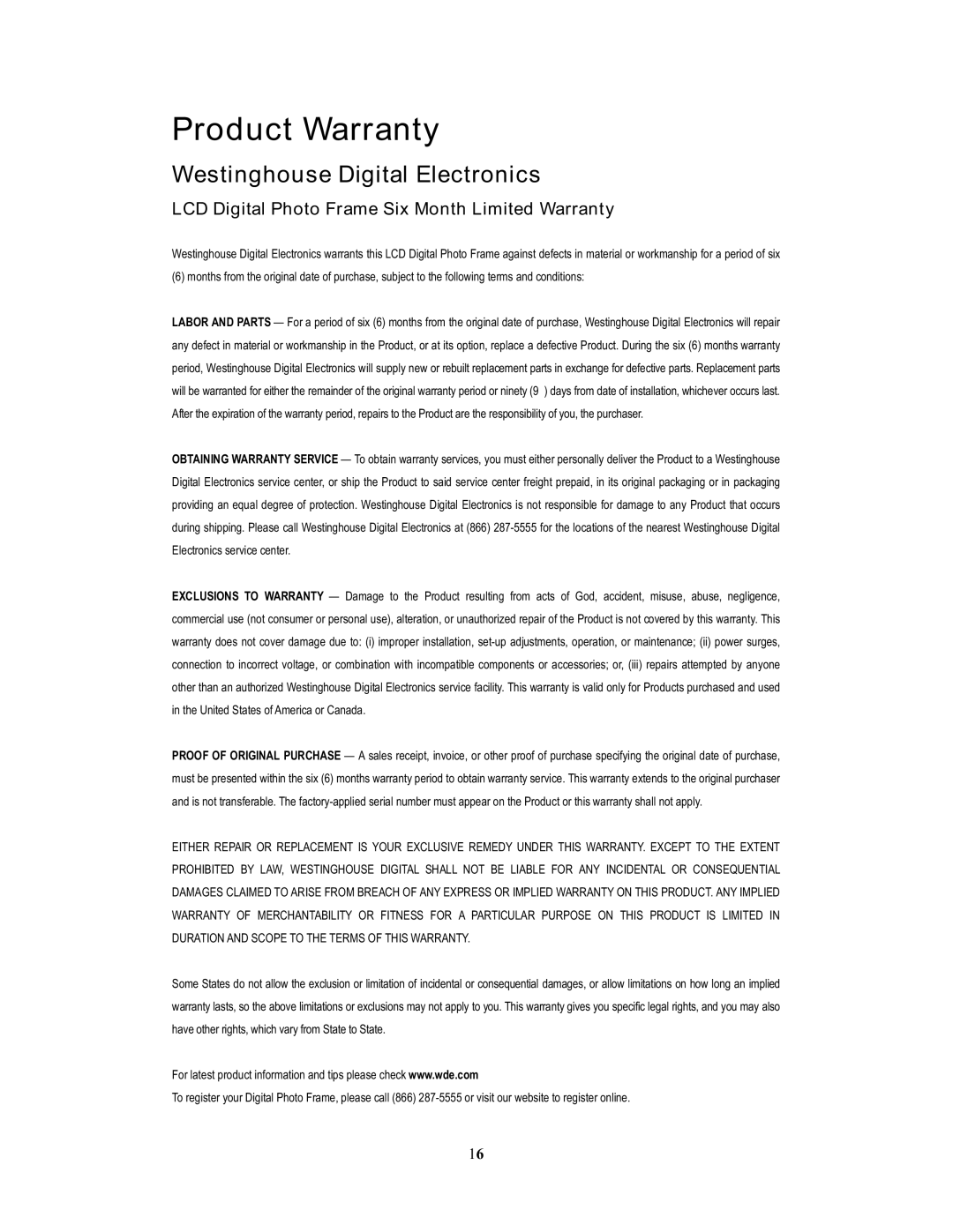 Westinghouse DPF-1021 user manual Product Warranty, Westinghouse Digital Electronics 