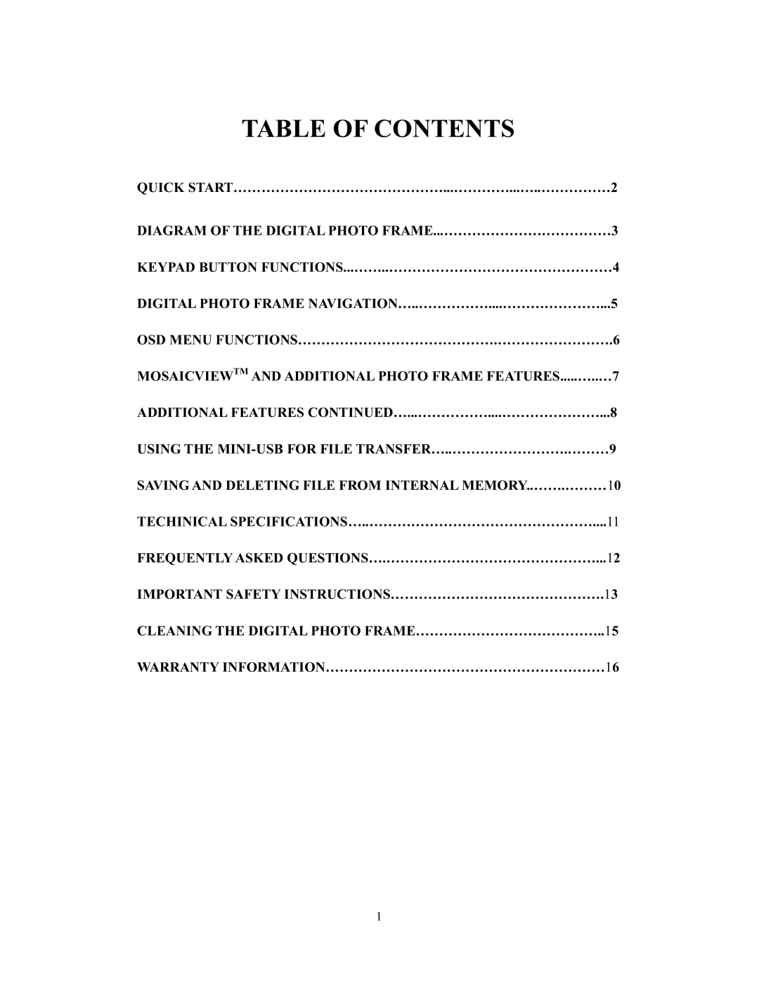 Westinghouse DPF-1021 user manual Table of Contents 