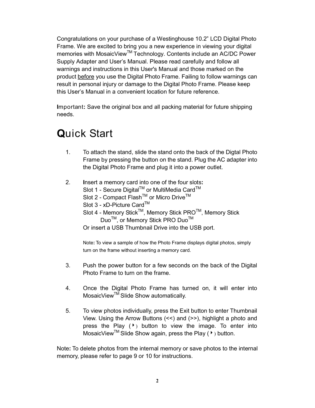 Westinghouse DPF-1021 user manual Quick Start 