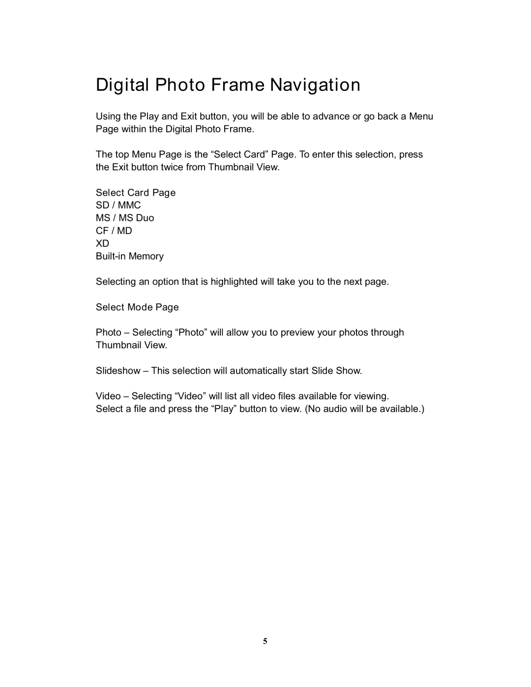 Westinghouse DPF-1021 user manual Digital Photo Frame Navigation, Cf / Md 