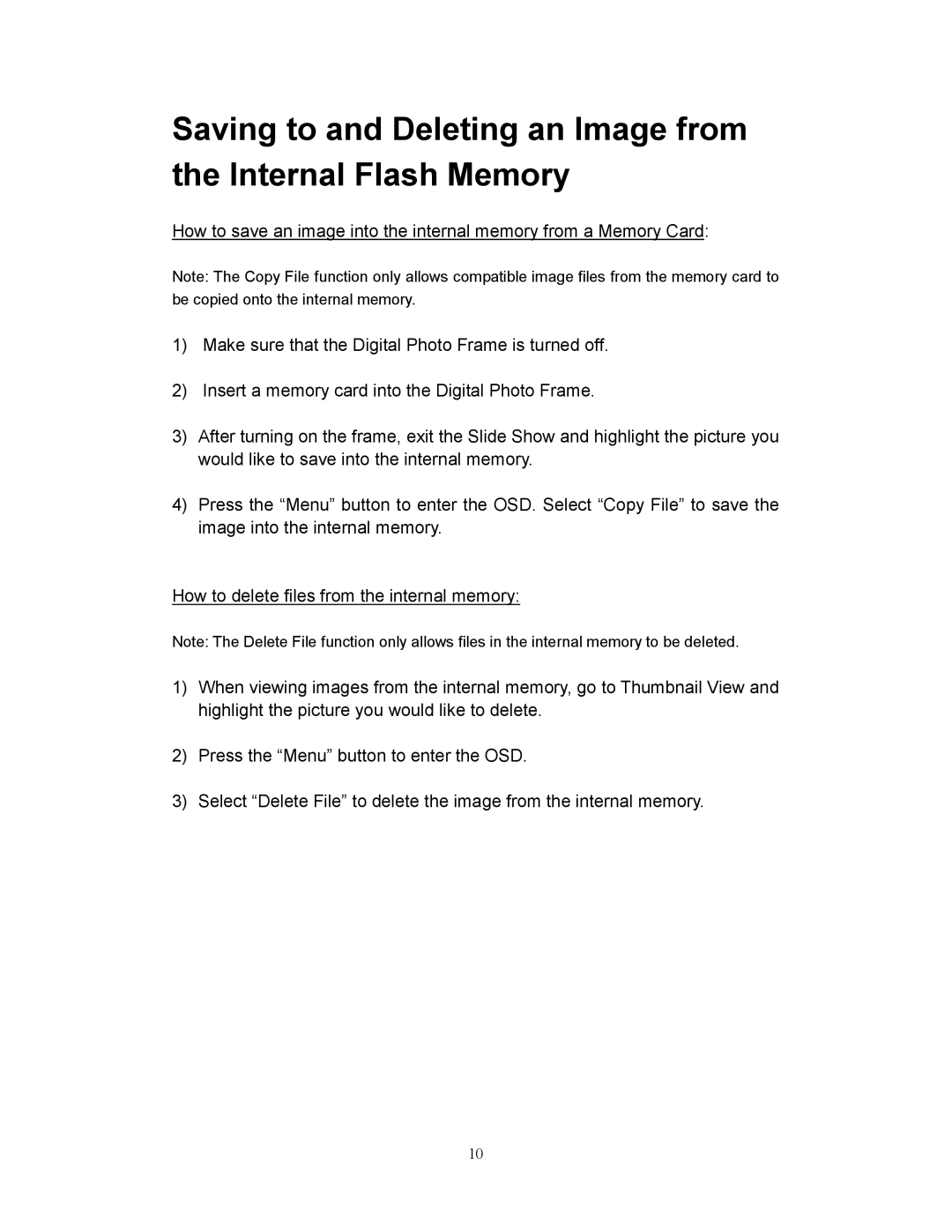 Westinghouse DPF-1021 user manual Be copied onto the internal memory 