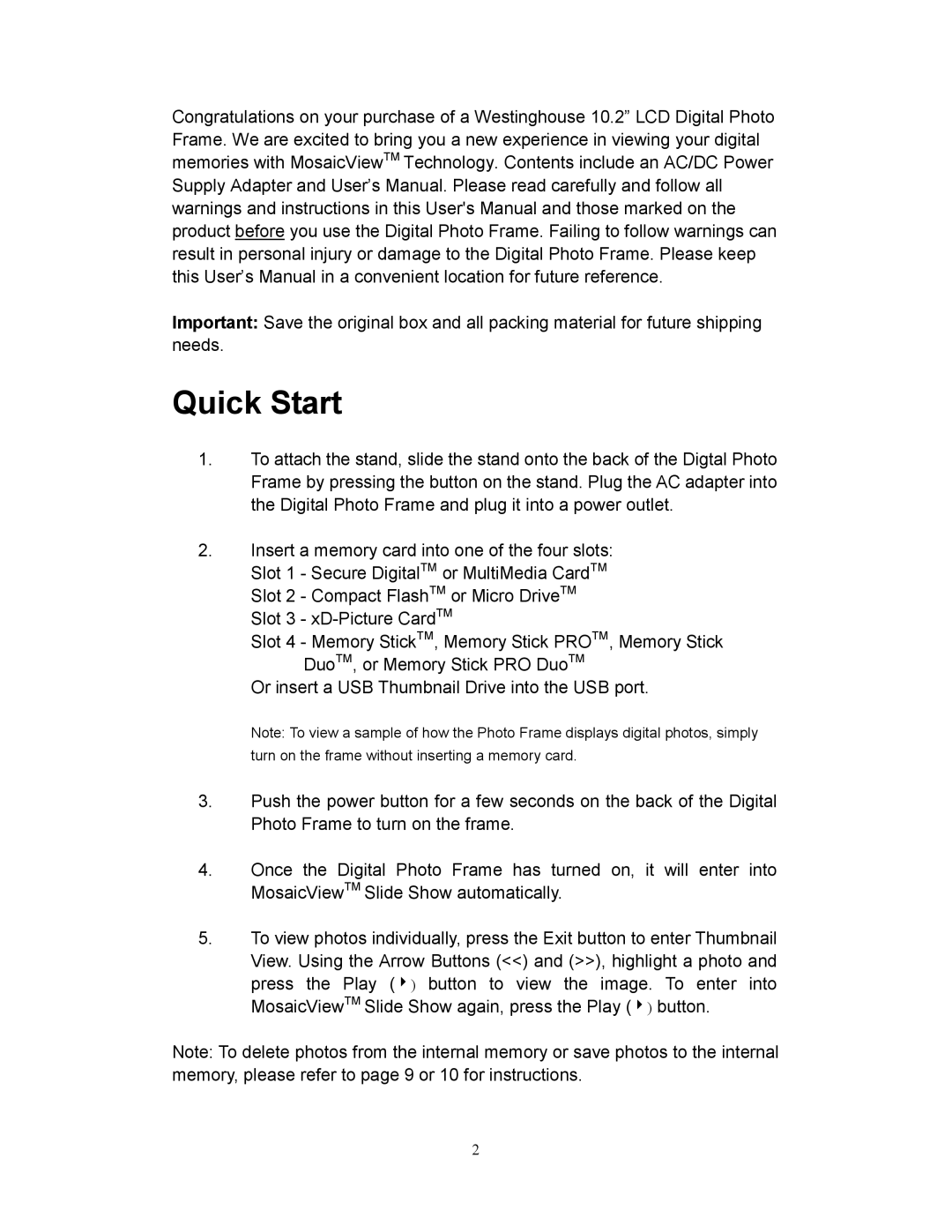 Westinghouse DPF-1021 user manual Quick Start 