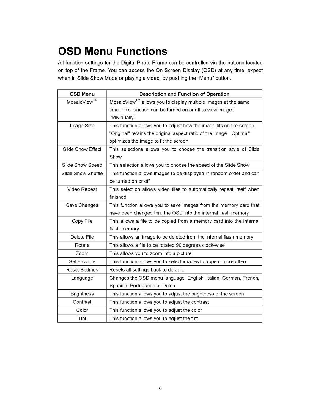 Westinghouse DPF-1021 user manual OSD Menu Functions 