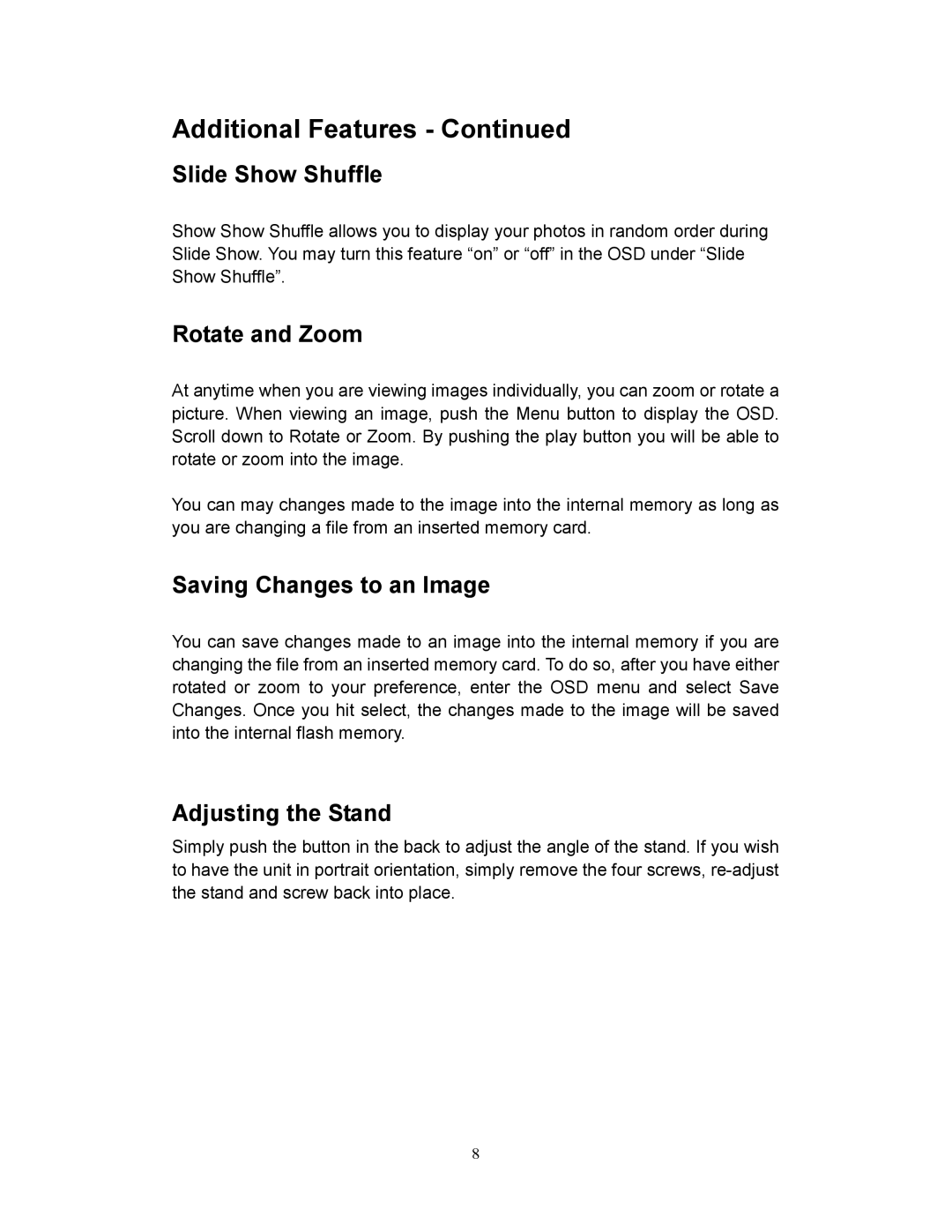 Westinghouse DPF-1021 user manual Additional Features 