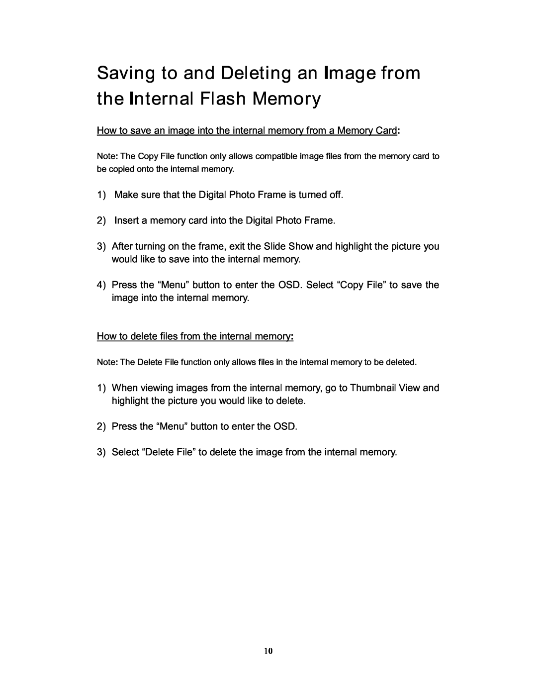 Westinghouse DPF-1021 user manual Saving to and Deleting an Image from the Internal Flash Memory 