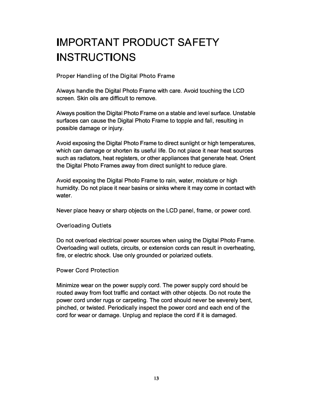 Westinghouse DPF-1021 user manual Important Product Safety Instructions 