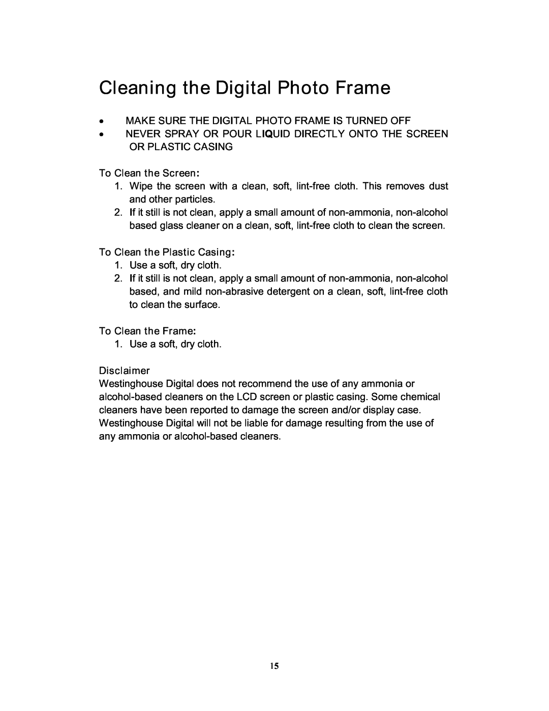 Westinghouse DPF-1021 user manual Cleaning the Digital Photo Frame 