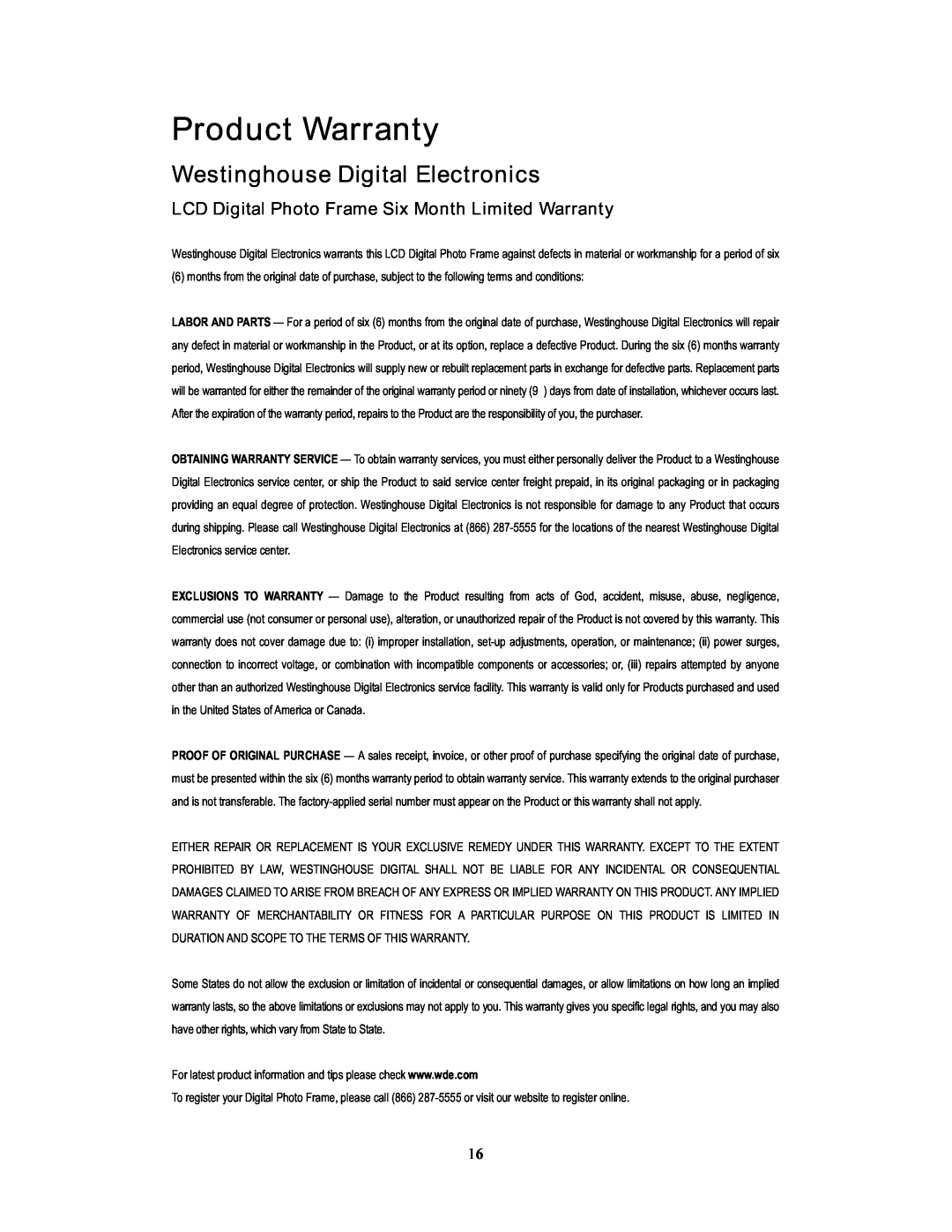 Westinghouse DPF-1021 user manual Product Warranty, Westinghouse Digital Electronics 