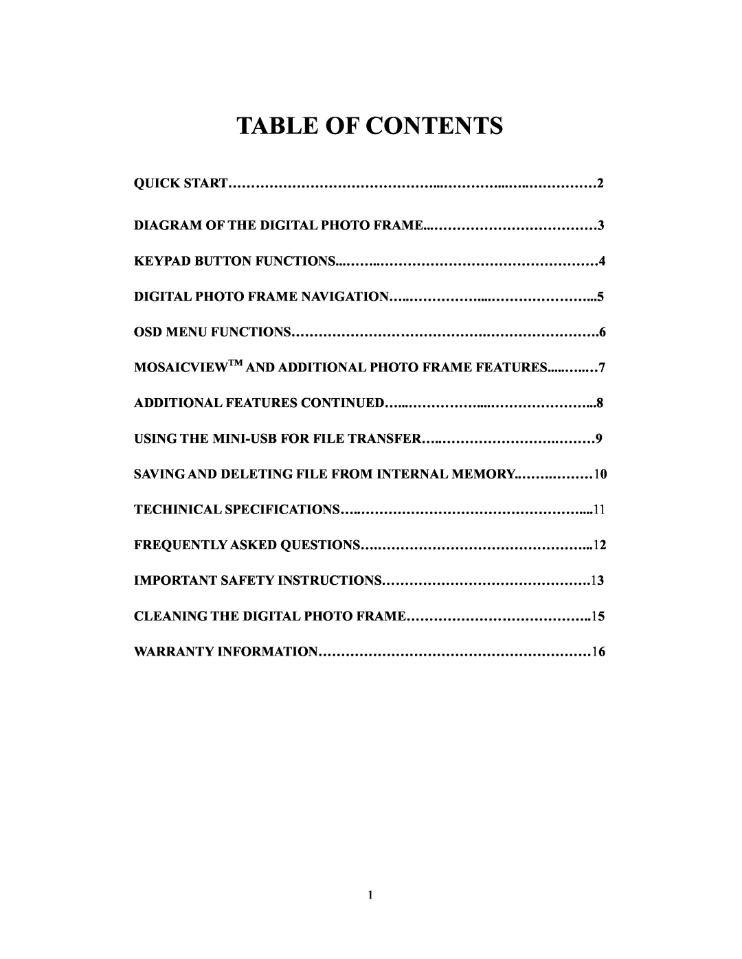 Westinghouse DPF-1021 user manual Table Of Contents 