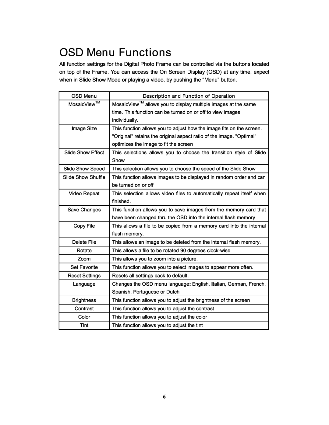 Westinghouse DPF-1021 user manual OSD Menu Functions 