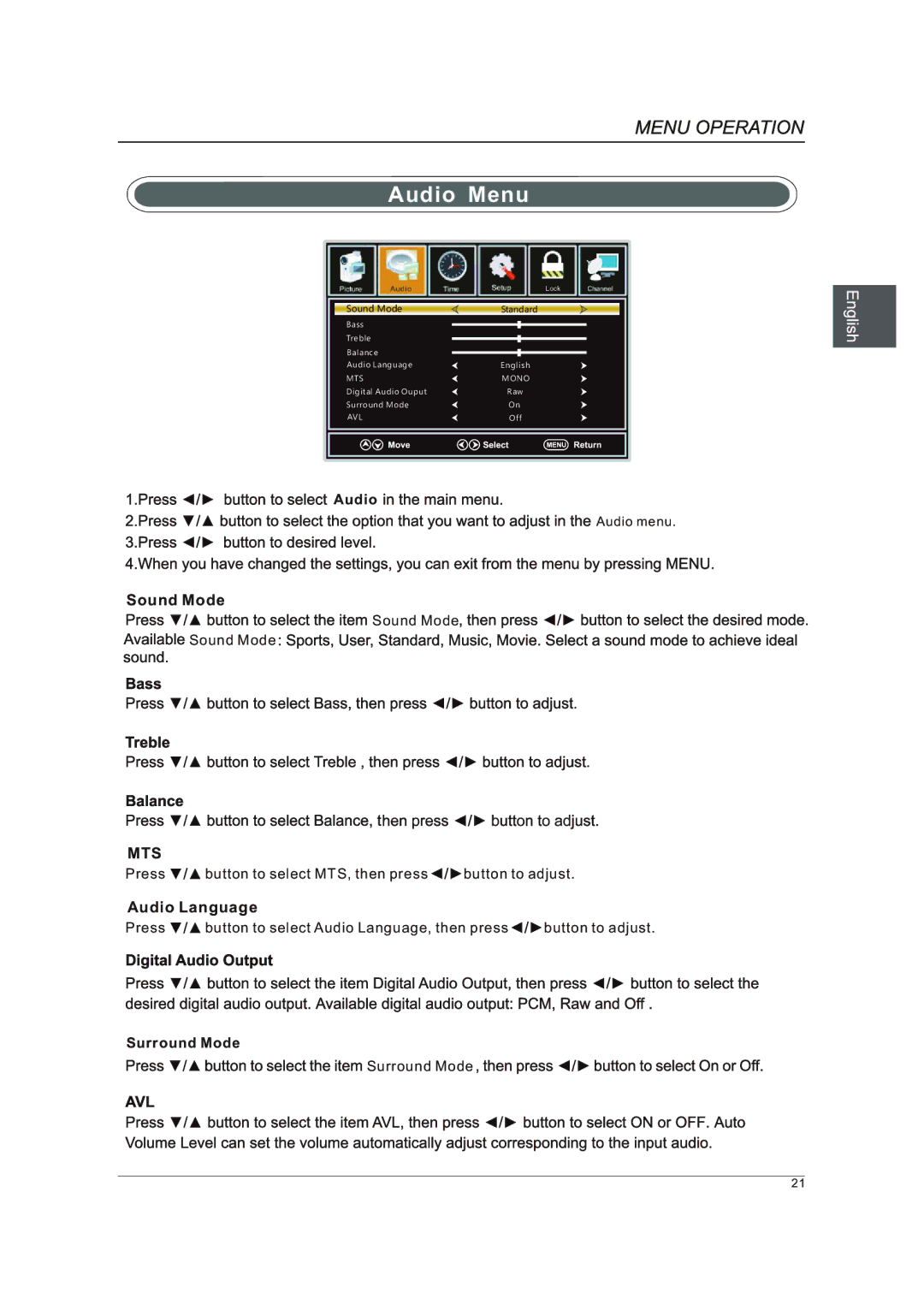 Westinghouse DWM40F1A1 manual Audio Menu 