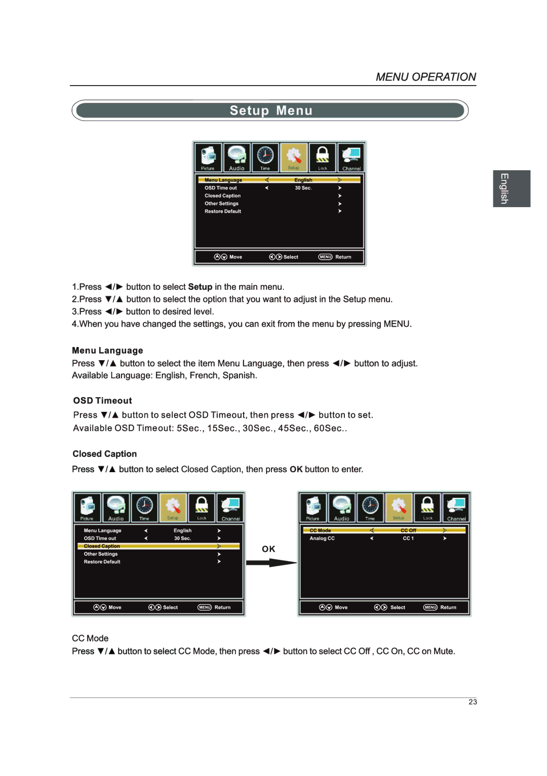 Westinghouse DWM40F1A1 manual Setup Menu 