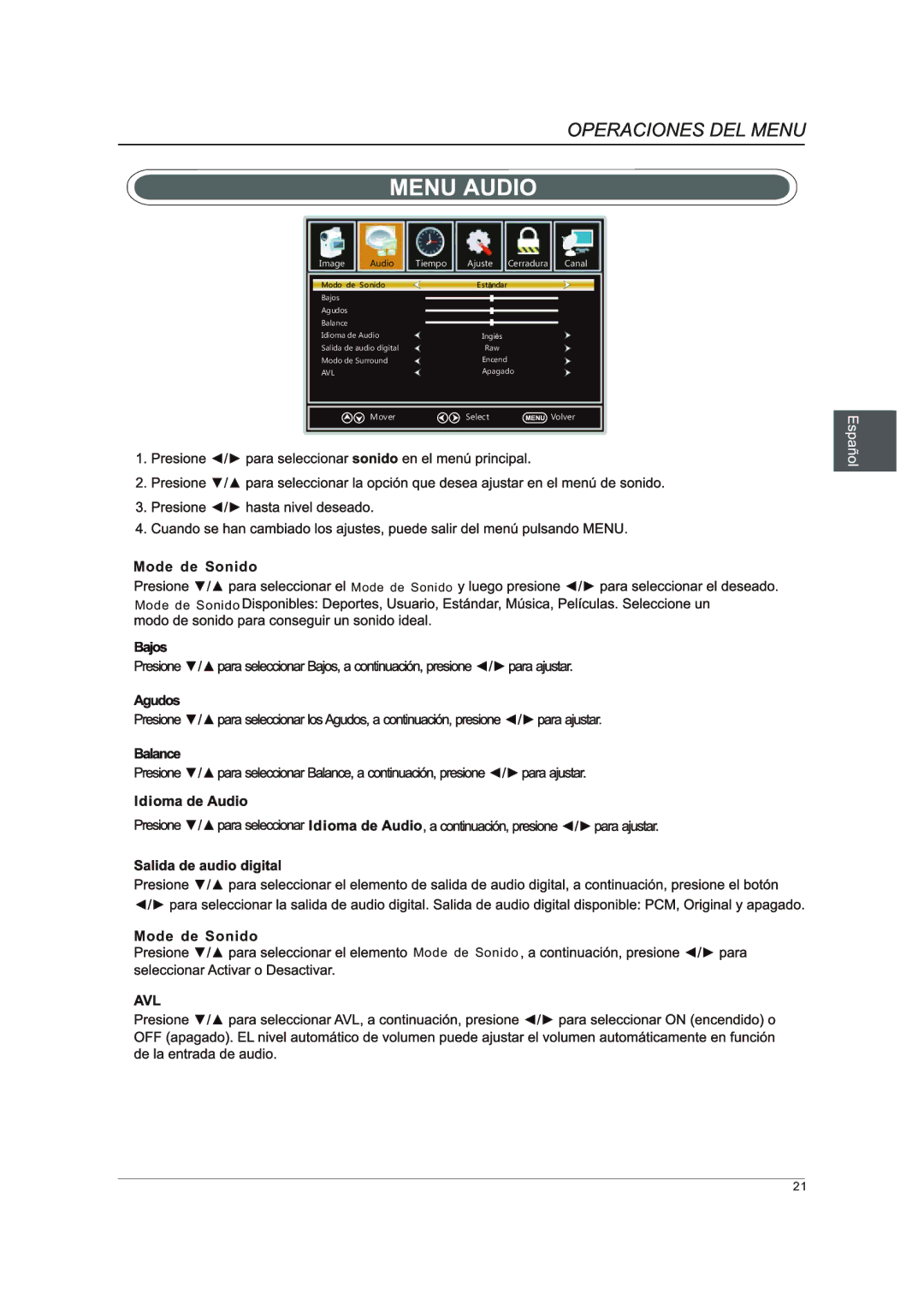 Westinghouse DWM40F1A1 manual Mode de Sonido 