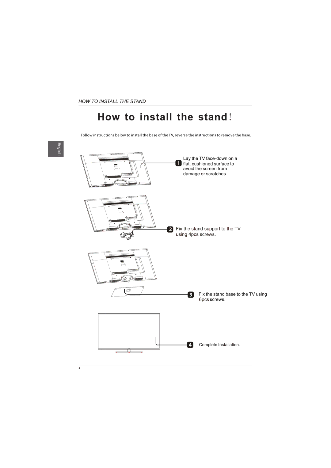 Westinghouse DWM55F1G1 user manual Fix the stand support to the TV using 4pcs screws 6pcs 