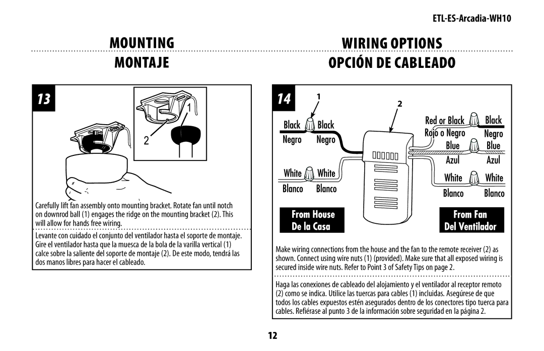 Westinghouse ETL-ES-Arcadia-WH10 manual Mounting Montaje, Wiring Options, Opción DE Cableado 